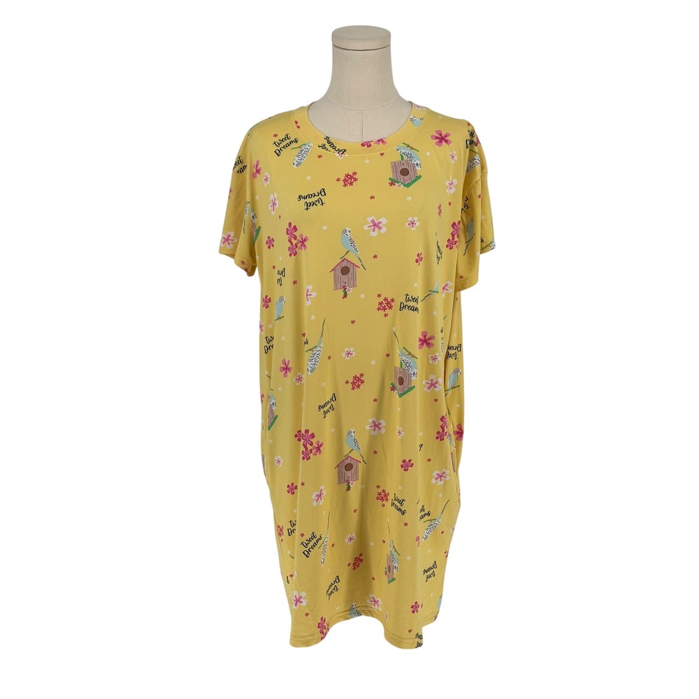 Joyspun Sleep Shirt Yellow Bird Floral Print Pockets S-M